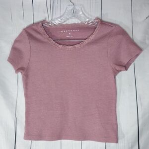 Aeropostale Women's Dusty Pink Ribbed Short Sleeve Crop Top With Lace Edge